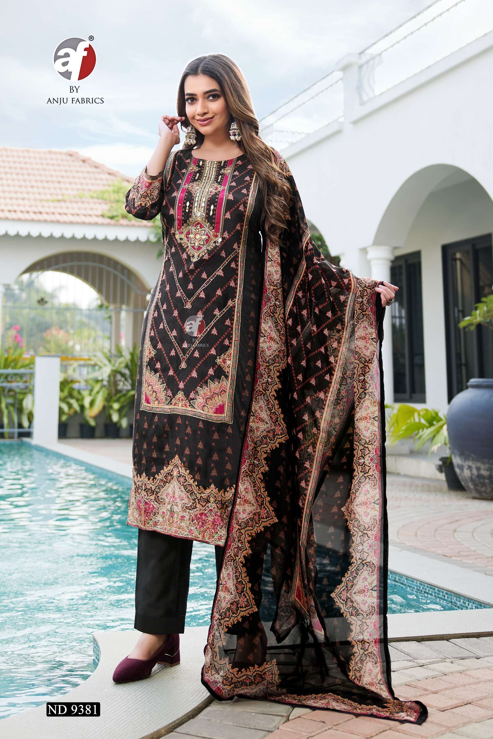 ANJU FABRICS D NO 9381 SILK DESIGNER WORK READY MADE LADIES SUIT