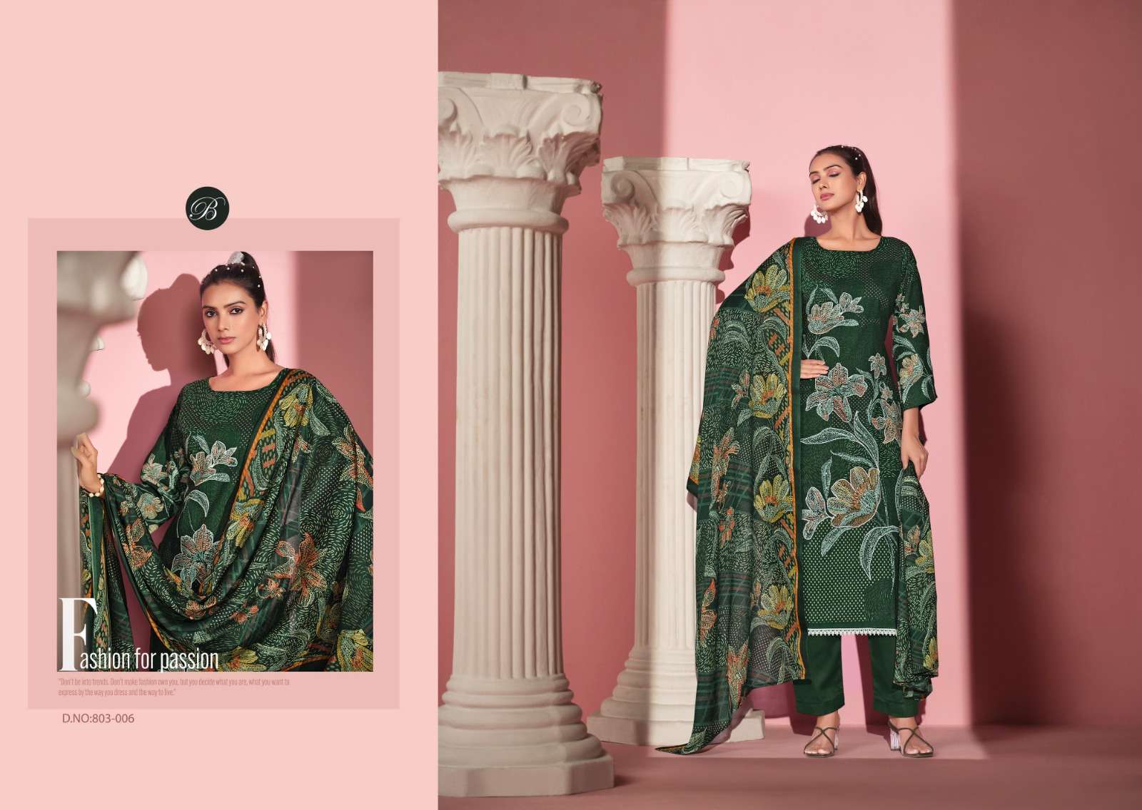 BELLIZA DESIGNER STUDIO SAFEENA COTTON DIGITAL PRINTS WITH FANCY WORK SUIT