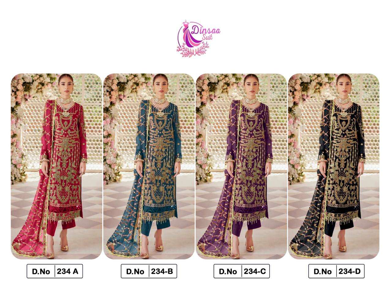 DINSAA SUIT DESIGN NO - 234 ABCD GEORGETTE HEAVY EMBROIDERED WORK PARTY WEAR SUIT