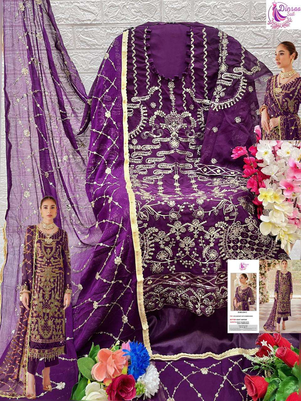 DINSAA SUIT DESIGN NO - 234 ABCD GEORGETTE HEAVY EMBROIDERED WORK PARTY WEAR SUIT