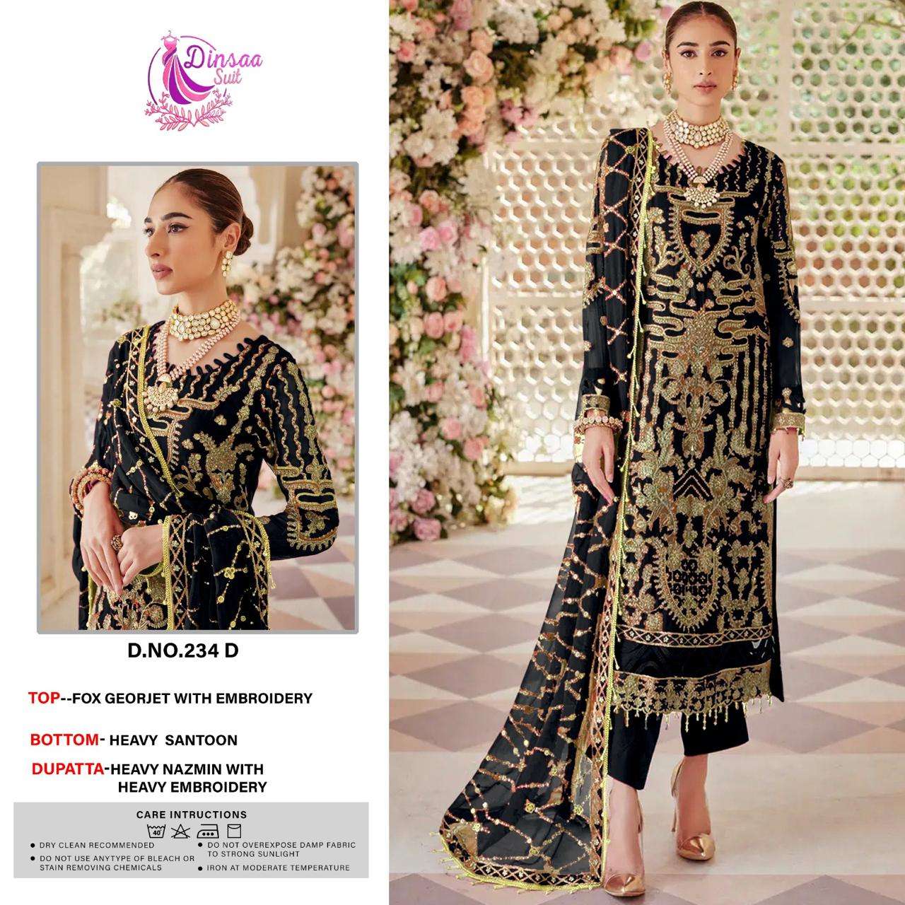 DINSAA SUIT DESIGN NO - 234 ABCD GEORGETTE HEAVY EMBROIDERED WORK PARTY WEAR SUIT