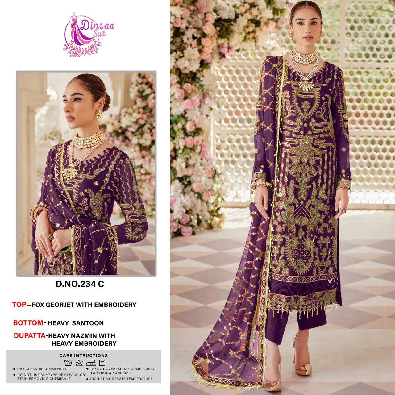 DINSAA SUIT DESIGN NO - 234 ABCD GEORGETTE HEAVY EMBROIDERED WORK PARTY WEAR SUIT
