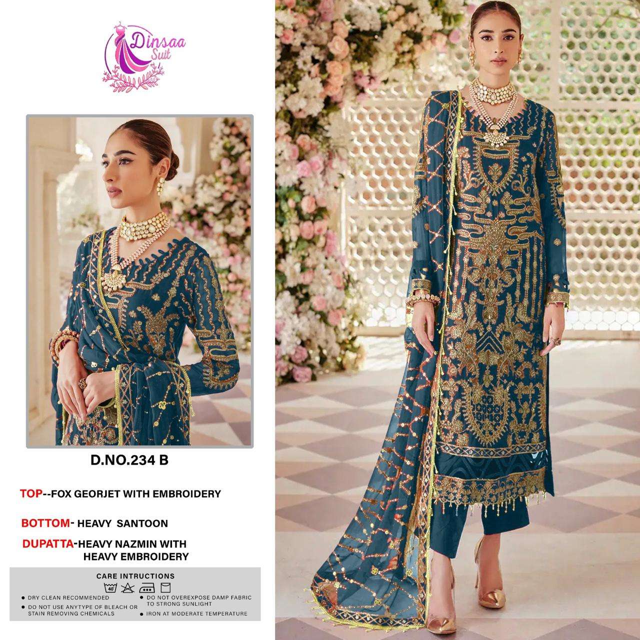 DINSAA SUIT DESIGN NO - 234 ABCD GEORGETTE HEAVY EMBROIDERED WORK PARTY WEAR SUIT