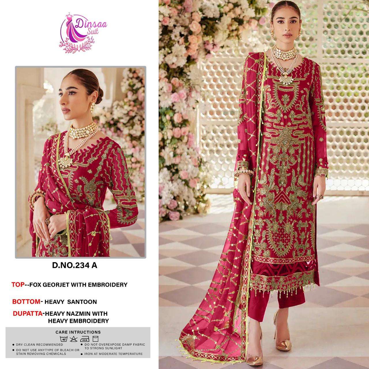 DINSAA SUIT DESIGN NO - 234 ABCD GEORGETTE HEAVY EMBROIDERED WORK PARTY WEAR SUIT