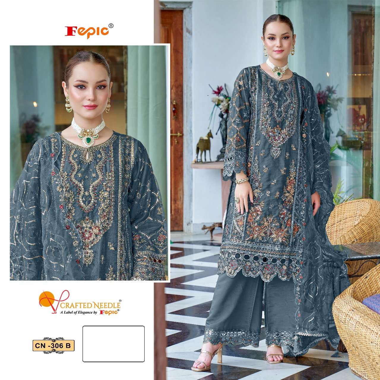 FEPIC CRAFTED NEEDLE CN 306 ORGANZA HEAVY EMBROIDERED PAKISTANI SUIT