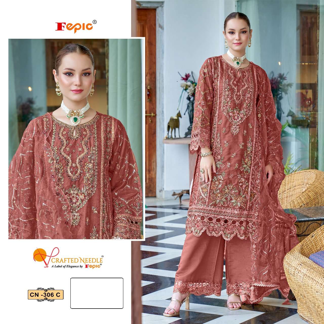 FEPIC CRAFTED NEEDLE CN 306 ORGANZA HEAVY EMBROIDERED PAKISTANI SUIT