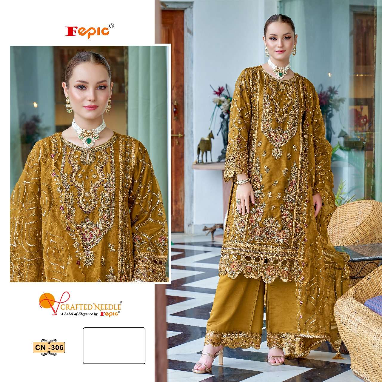 FEPIC CRAFTED NEEDLE CN 306 ORGANZA HEAVY EMBROIDERED PAKISTANI SUIT