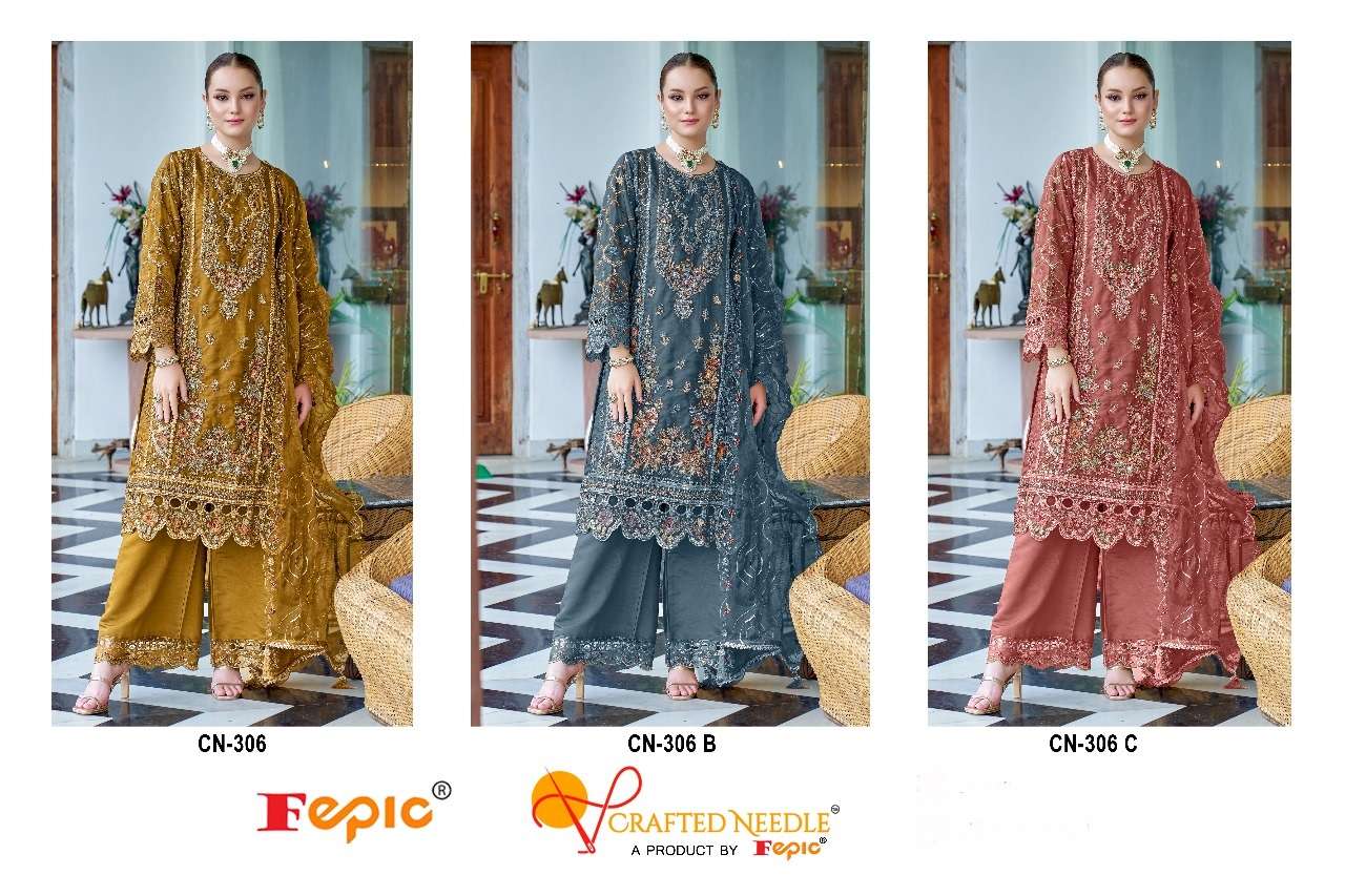 FEPIC CRAFTED NEEDLE CN 306 ORGANZA HEAVY EMBROIDERED PAKISTANI SUIT