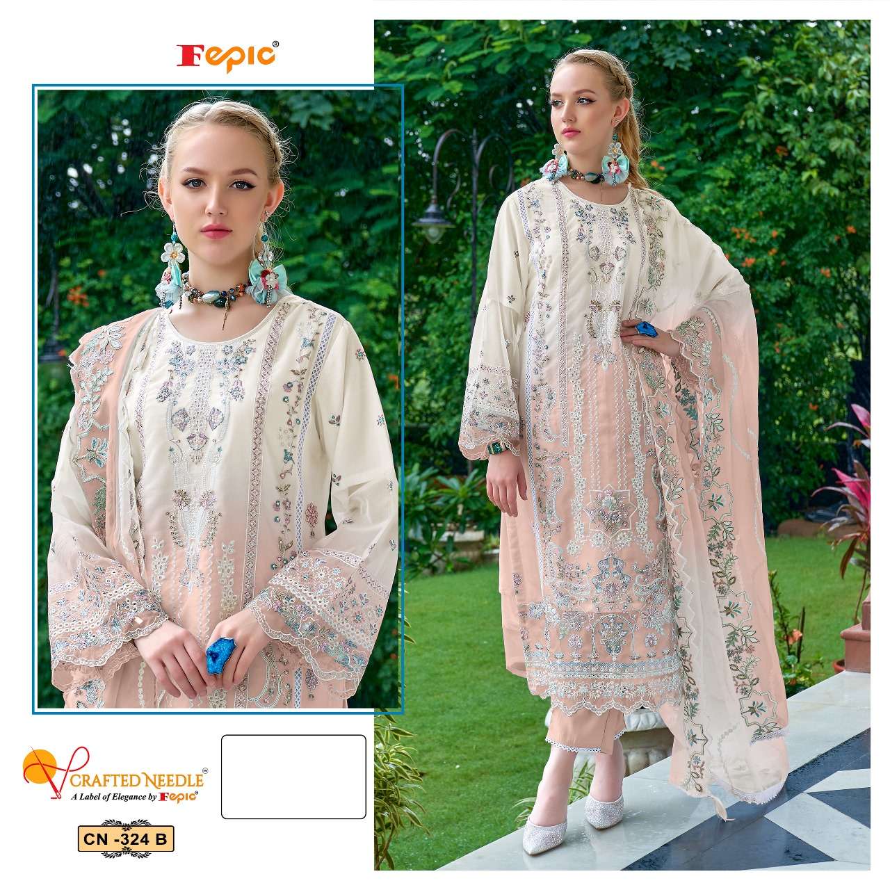 FEPIC CRAFTED NEEDLE CN 324 SHADED ORGANZA HEAVY EMBROIDERED SUIT