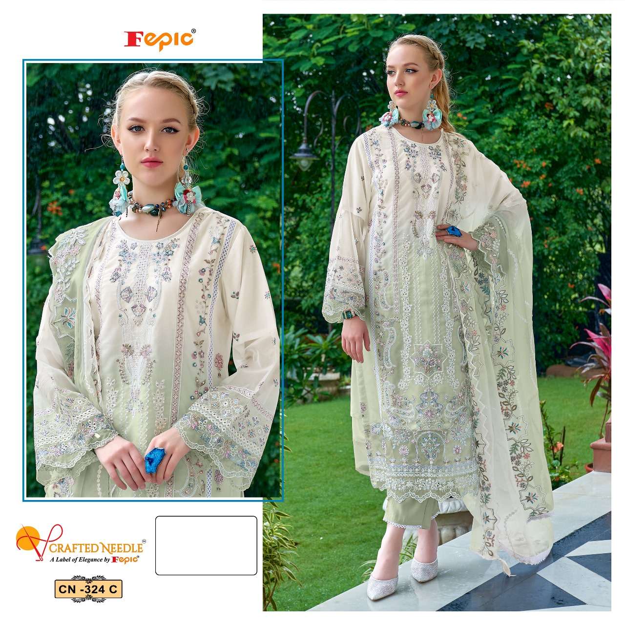 FEPIC CRAFTED NEEDLE CN 324 SHADED ORGANZA HEAVY EMBROIDERED SUIT