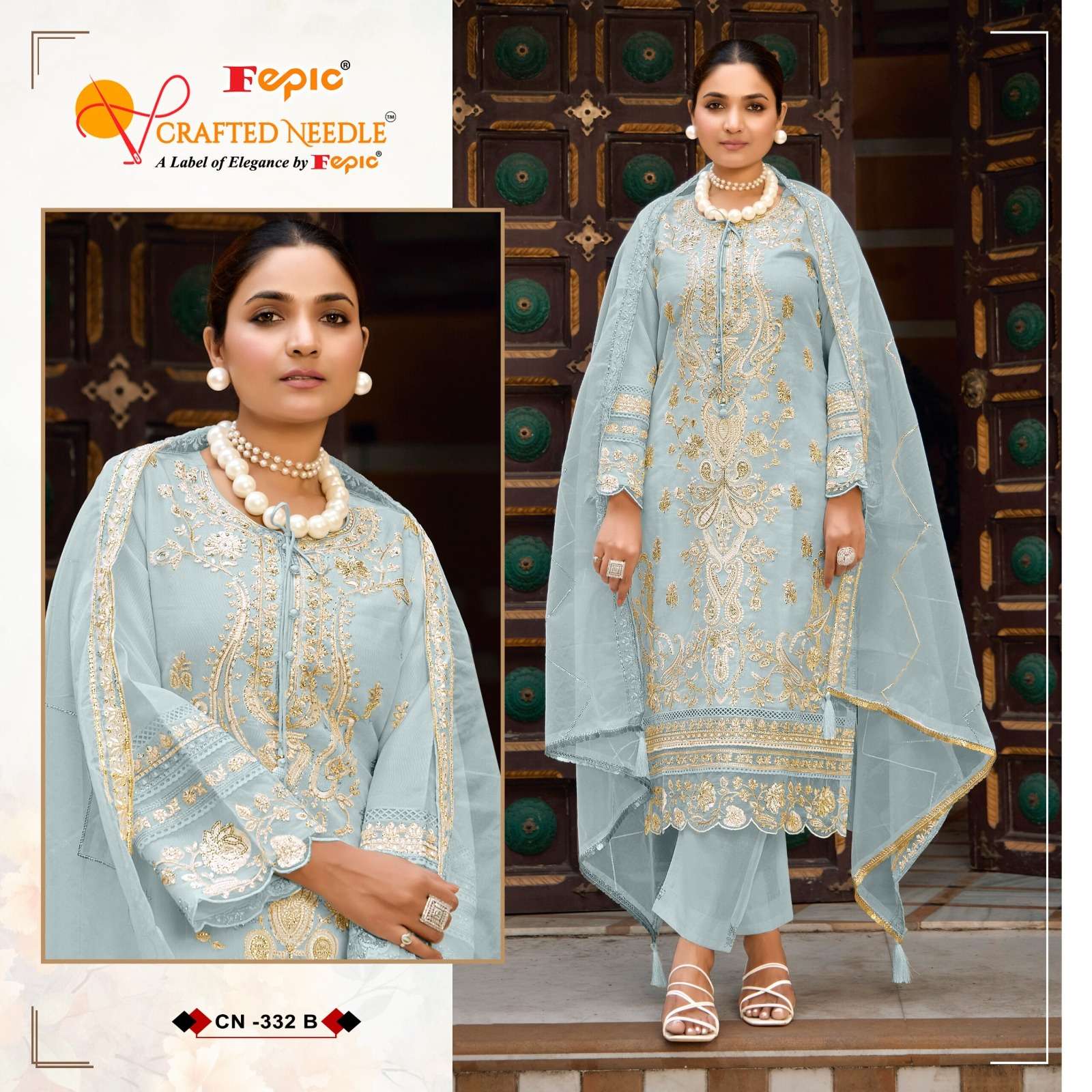 FEPIC CRAFTED NEEDLE CN 332 ORGANZA HEAVY EMBROIDERED SUIT