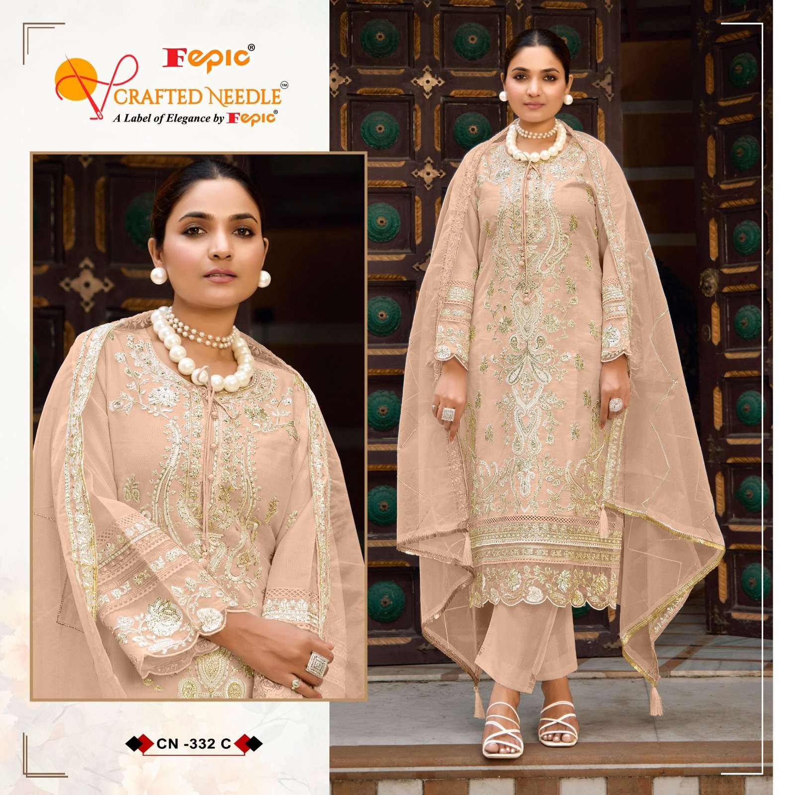 FEPIC CRAFTED NEEDLE CN 332 ORGANZA HEAVY EMBROIDERED SUIT