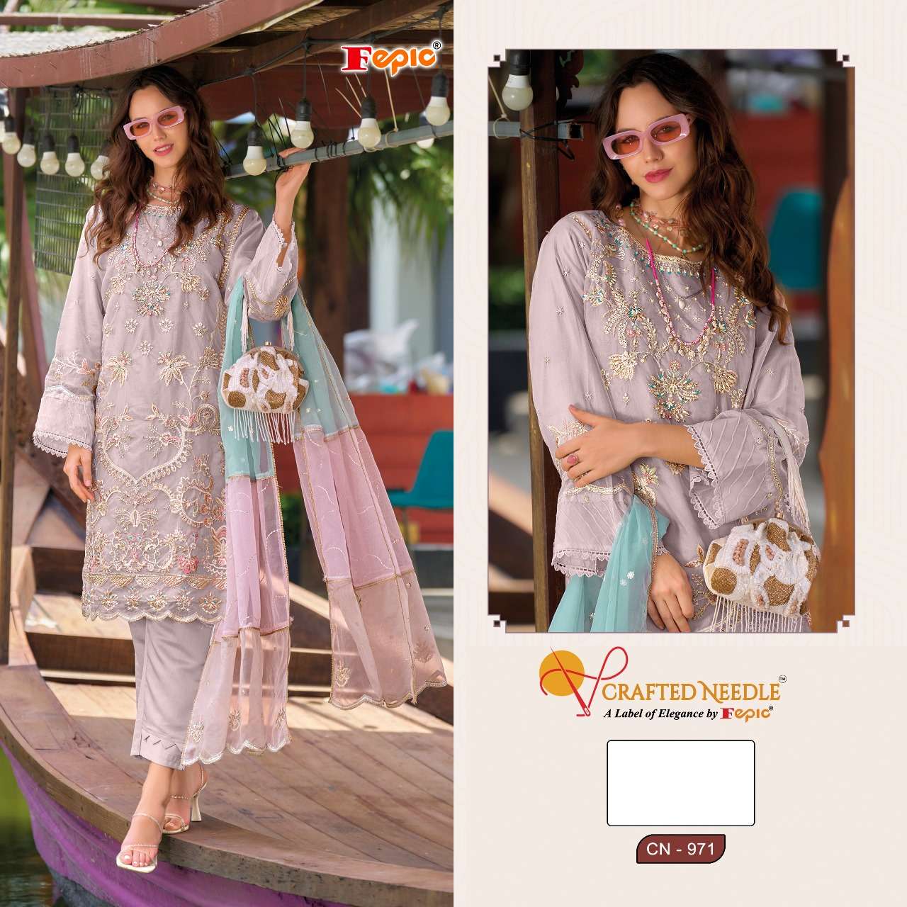 FEPIC CRAFTED NEEDLE CN 971 ORGANZA BEAUTIFUL EMBROIDERY DESIGNER SUIT