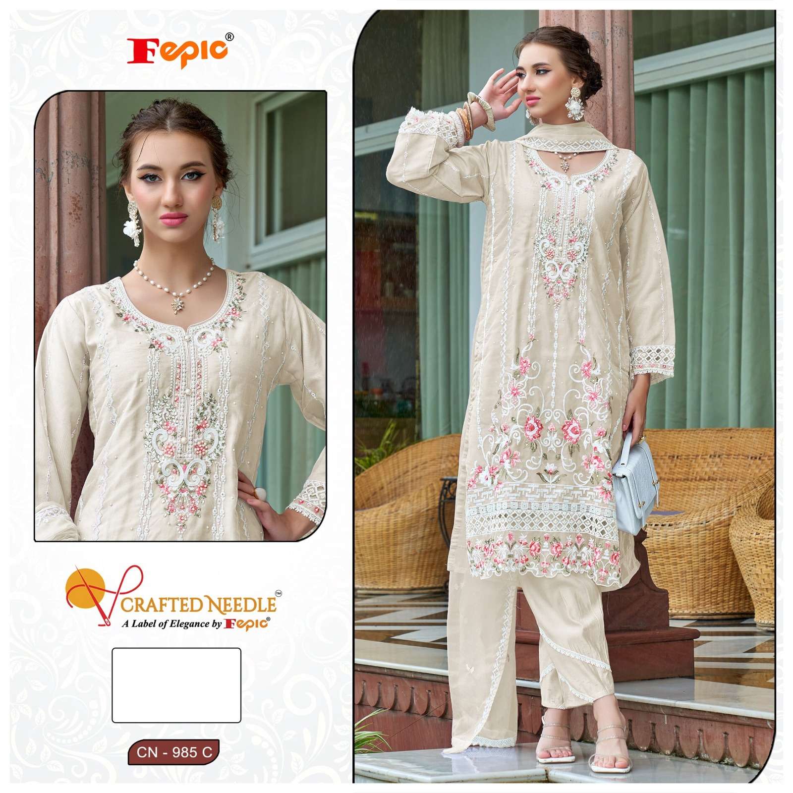 FEPIC CRAFTED NEEDLE CN 985 ORGANZA EMBROIDERED PAKISTANI SUIT