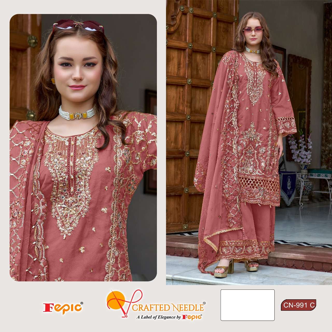 FEPIC CRAFTED NEEDLE CN 991 ORGANZA BEAUTIFUL EMBROIDERY DESIGNER SUIT