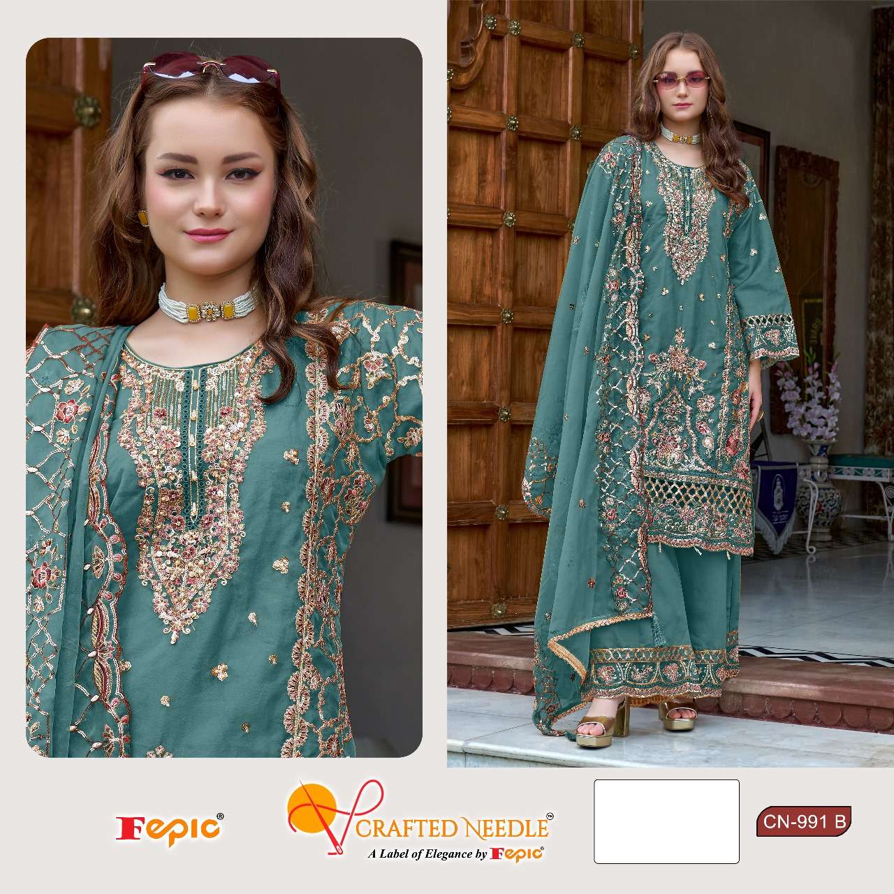 FEPIC CRAFTED NEEDLE CN 991 ORGANZA BEAUTIFUL EMBROIDERY DESIGNER SUIT