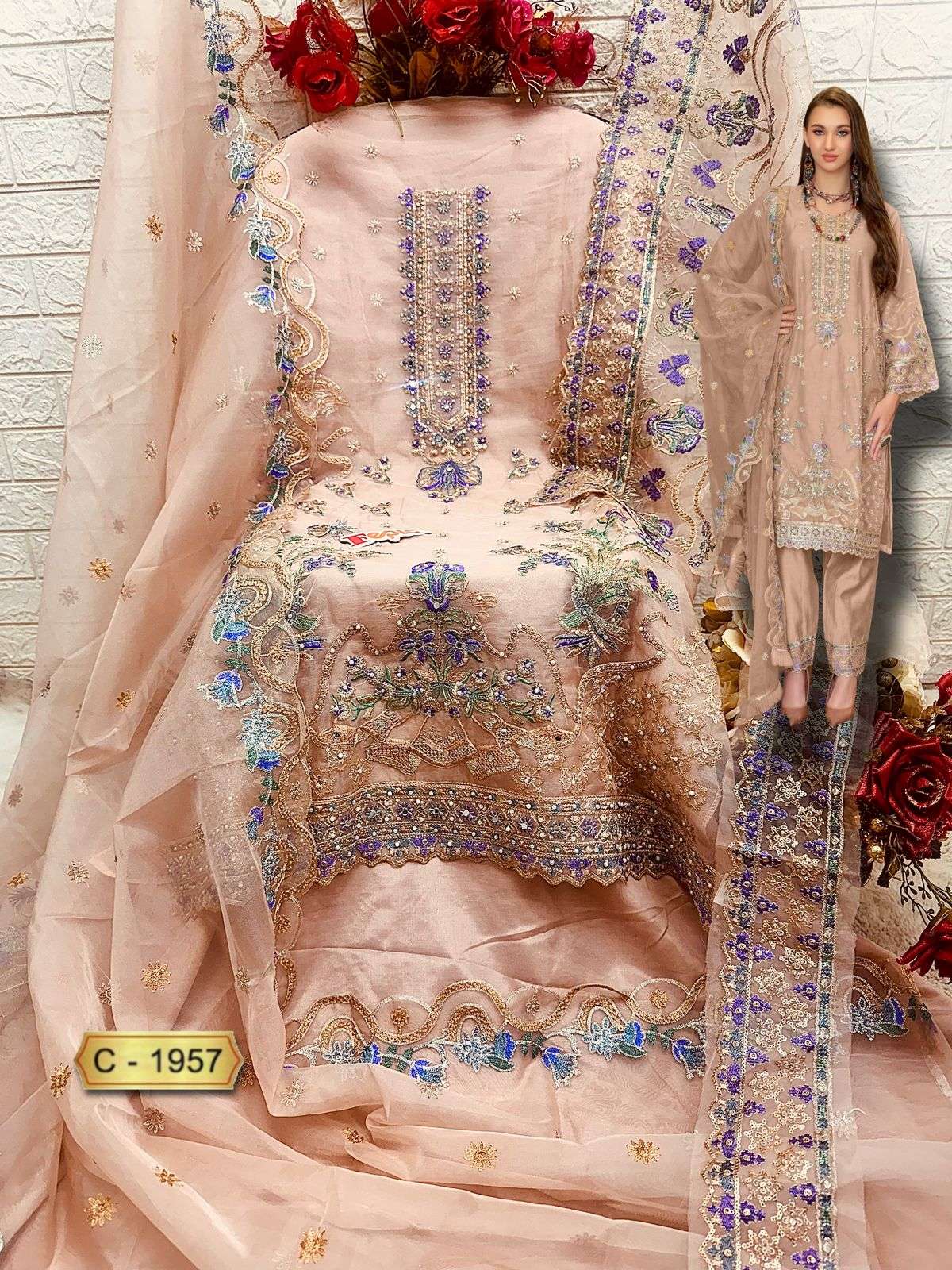  FEPIC ROSEMEEN C 1957 ORGANZA BEAUTIFUL EMBROIDERY DESIGNER SUIT