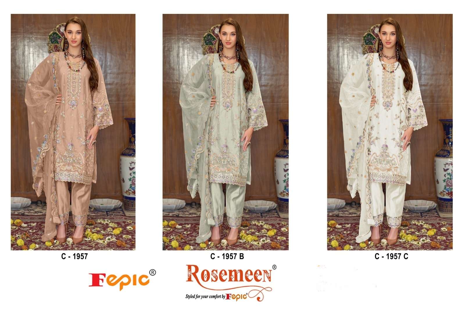  FEPIC ROSEMEEN C 1957 ORGANZA BEAUTIFUL EMBROIDERY DESIGNER SUIT