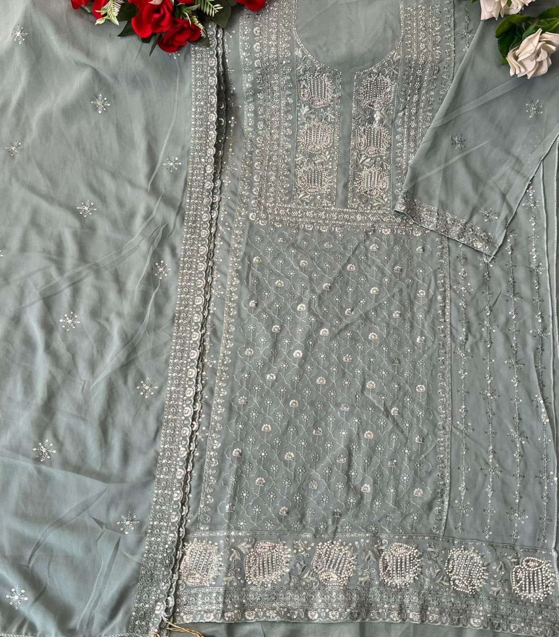 FLORENT TM DESIGN NO - 1030 FOX GEORGETTE HEAVY EMBROIDERED WITH HEAVY ZARKHAN PARTY WEAR SUIT