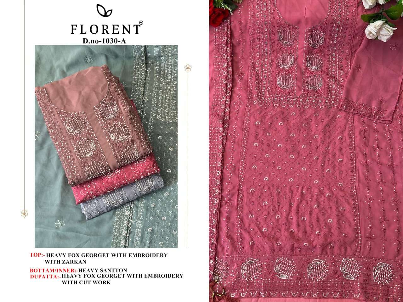 FLORENT TM DESIGN NO - 1030 FOX GEORGETTE HEAVY EMBROIDERED WITH HEAVY ZARKHAN PARTY WEAR SUIT