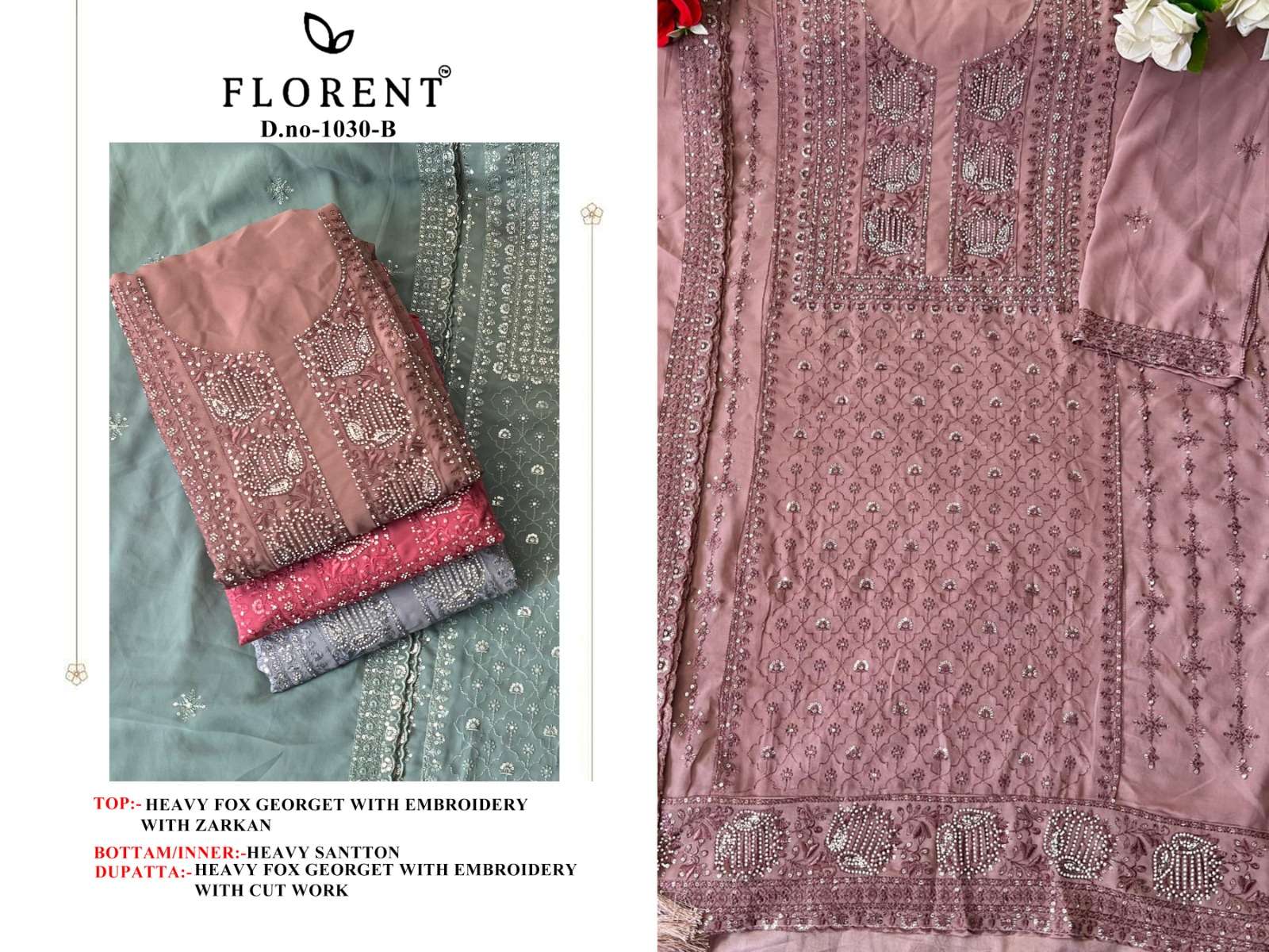 FLORENT TM DESIGN NO - 1030 FOX GEORGETTE HEAVY EMBROIDERED WITH HEAVY ZARKHAN PARTY WEAR SUIT