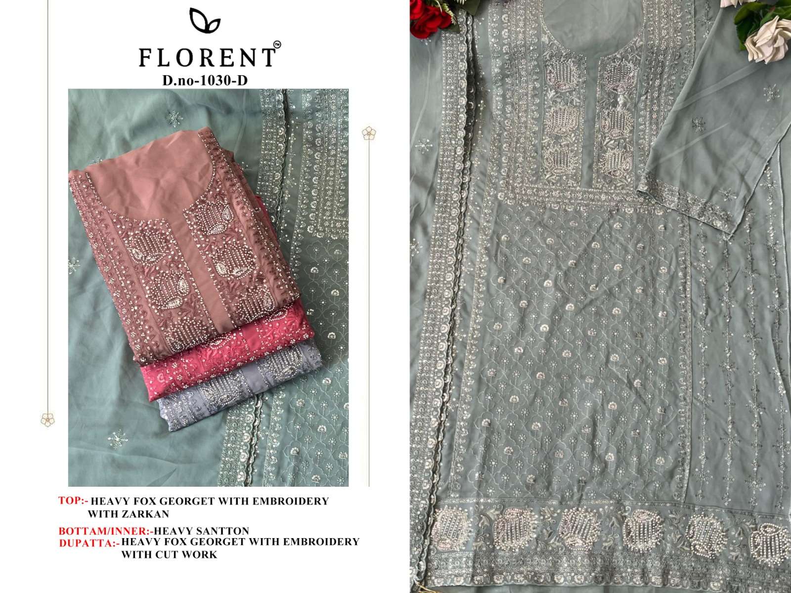 FLORENT TM DESIGN NO - 1030 FOX GEORGETTE HEAVY EMBROIDERED WITH HEAVY ZARKHAN PARTY WEAR SUIT