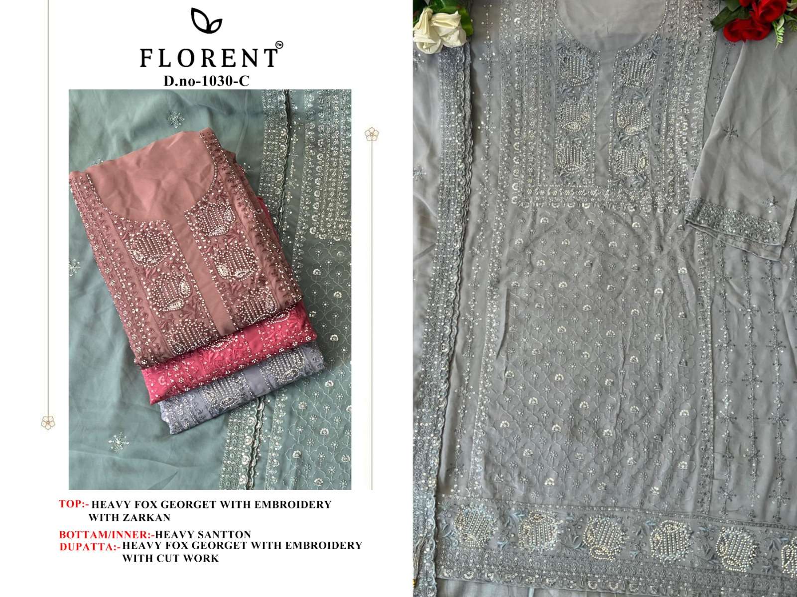 FLORENT TM DESIGN NO - 1030 FOX GEORGETTE HEAVY EMBROIDERED WITH HEAVY ZARKHAN PARTY WEAR SUIT