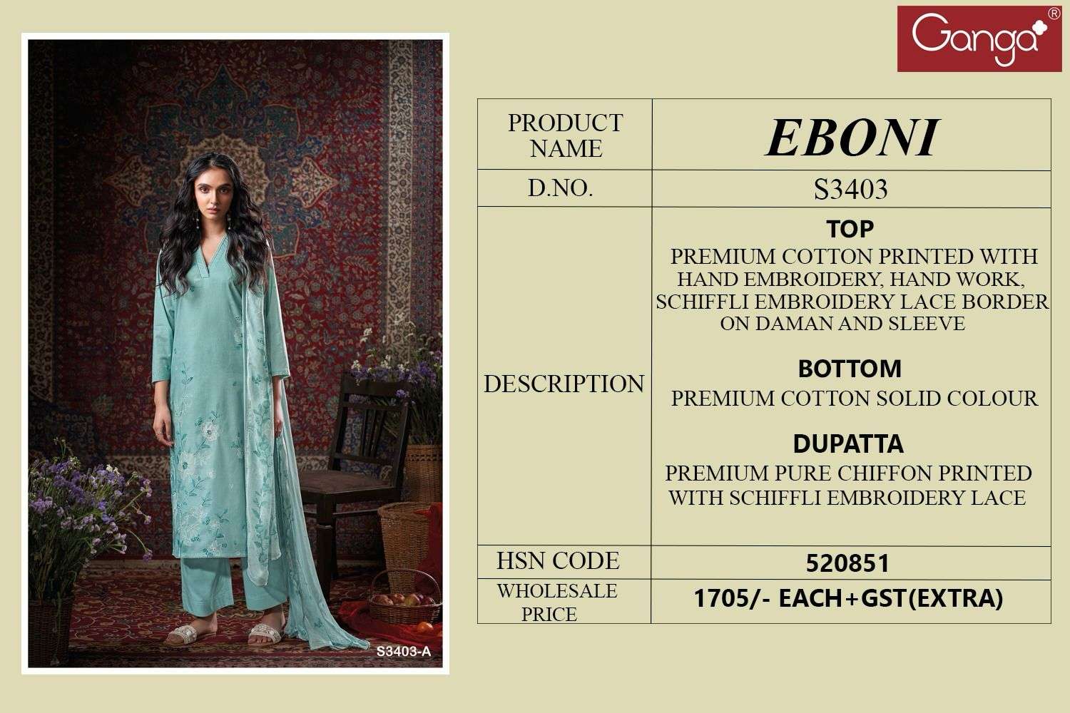 GANGA EBONI 3403 COTTON PRINTED WITH FANCY DESIGNER WORK SUIT