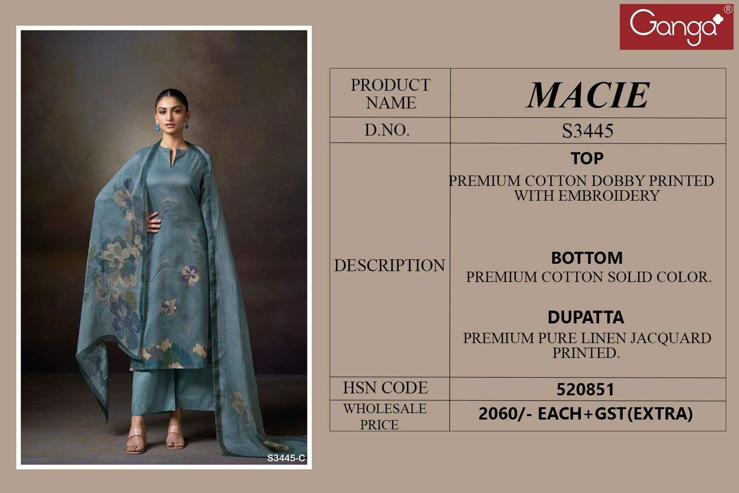GANGA MACIE S3445 COTTON PRINTED WITH EMBROIDERY WORK SUIT