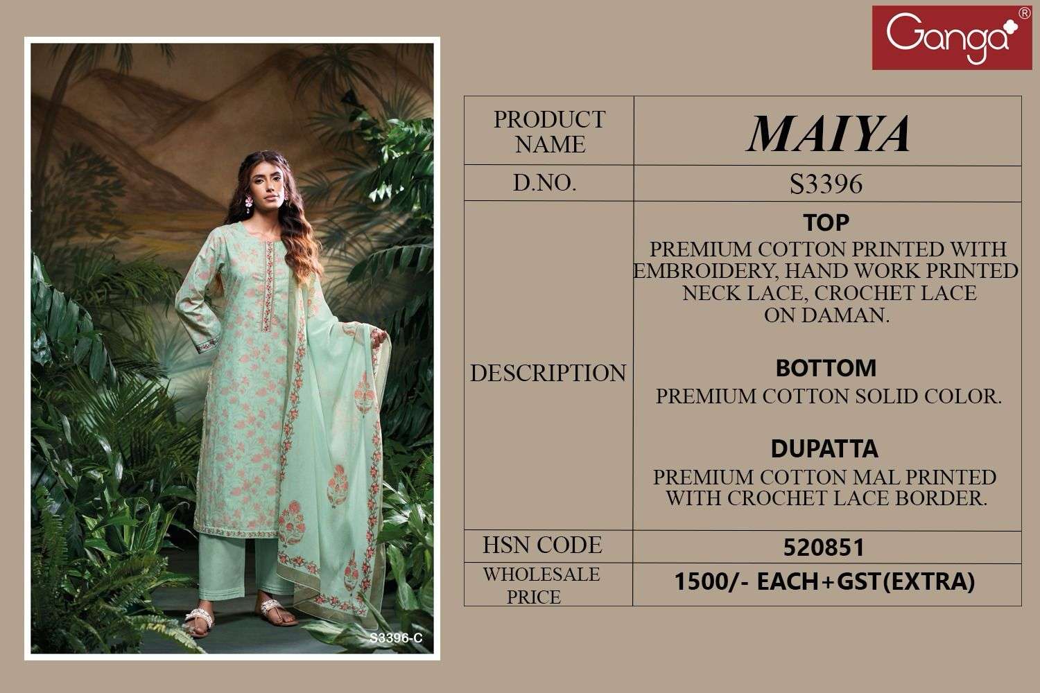GANGA MAIYA 3396 COTTON PRINTED WITH FANCY WORK LADIES SUIT