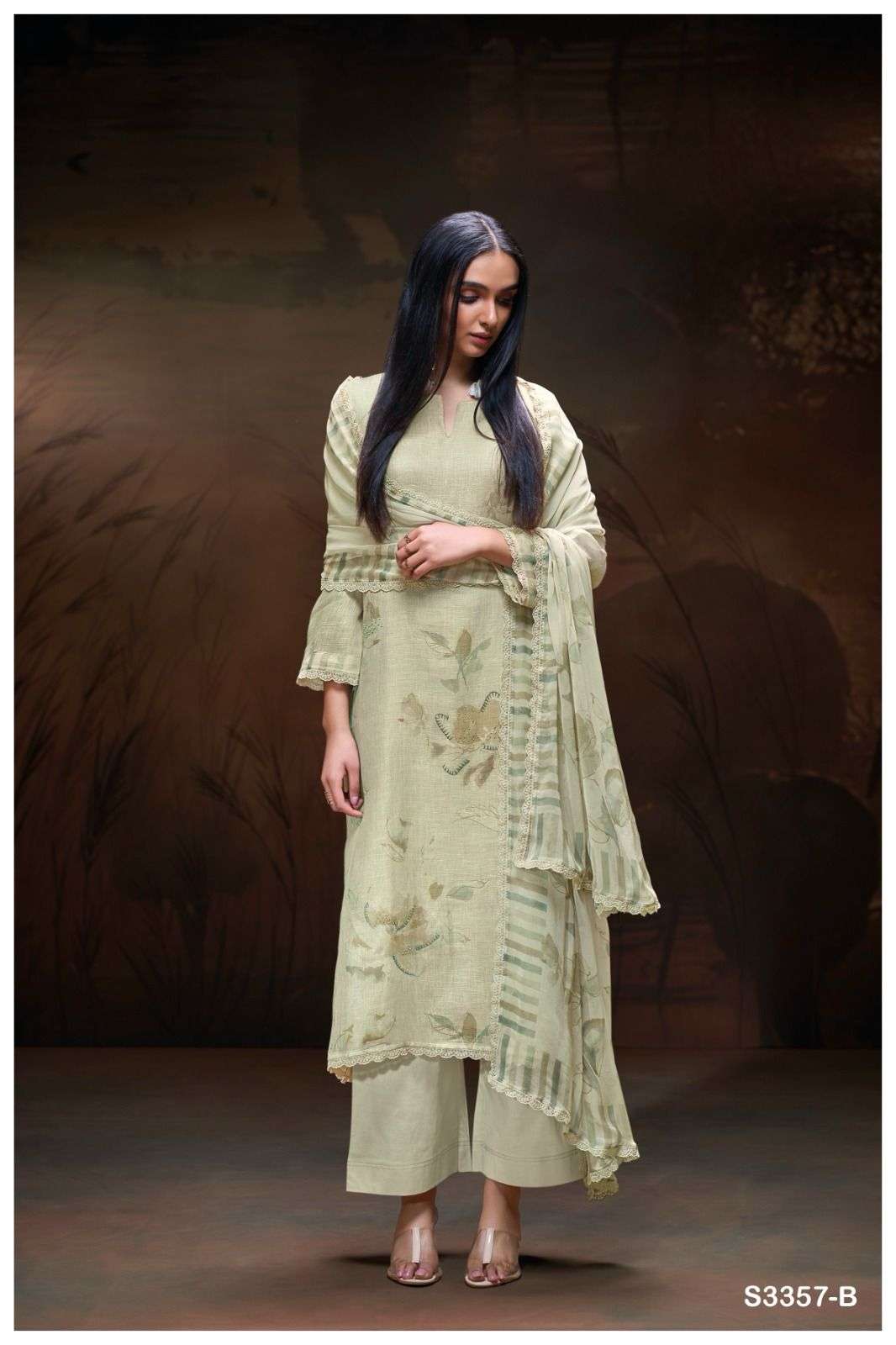 GANGA MICKI 3357 LINEN COTTON PRINTED WITH FANCY WORK SUIT