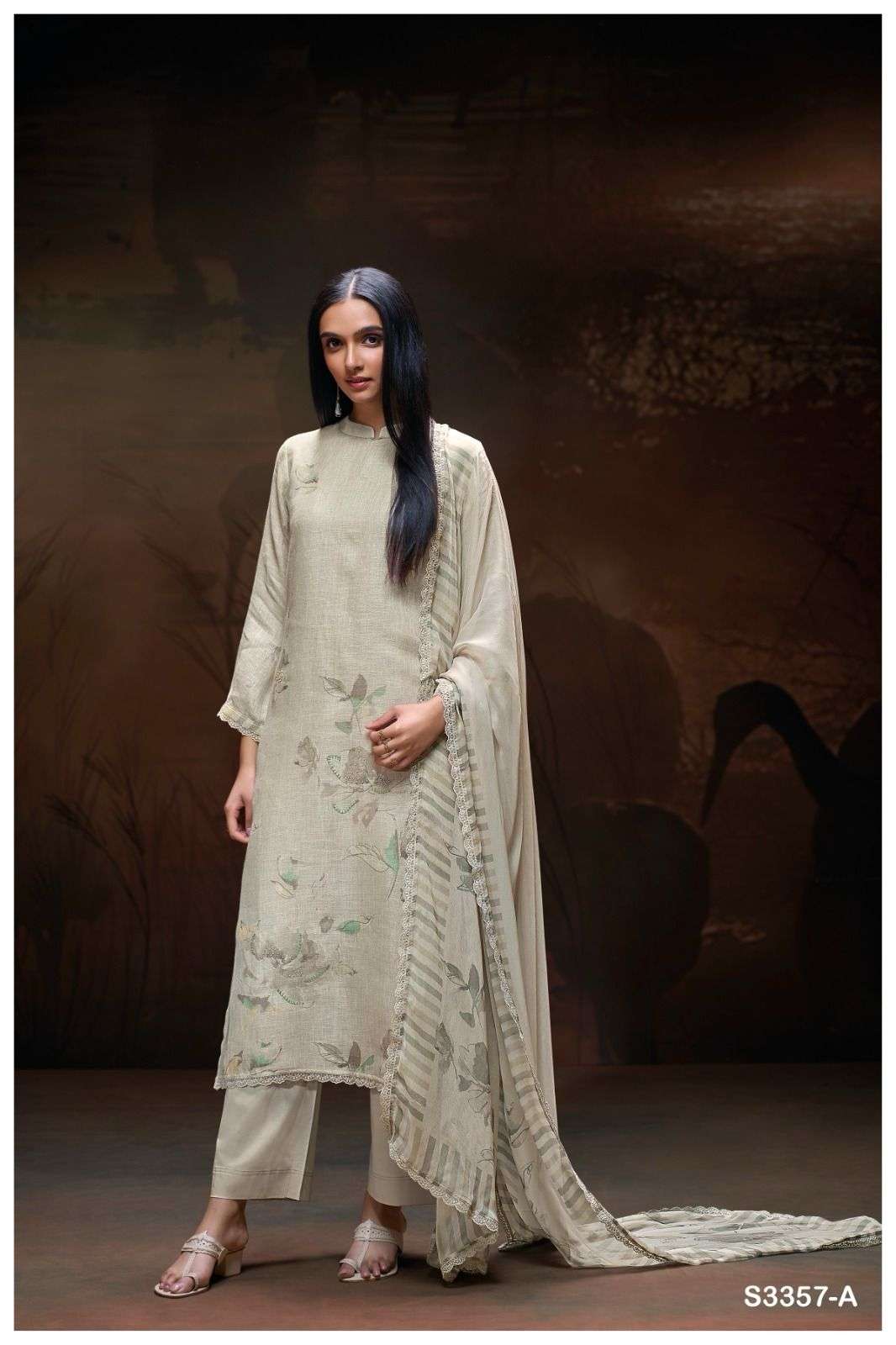 GANGA MICKI 3357 LINEN COTTON PRINTED WITH FANCY WORK SUIT