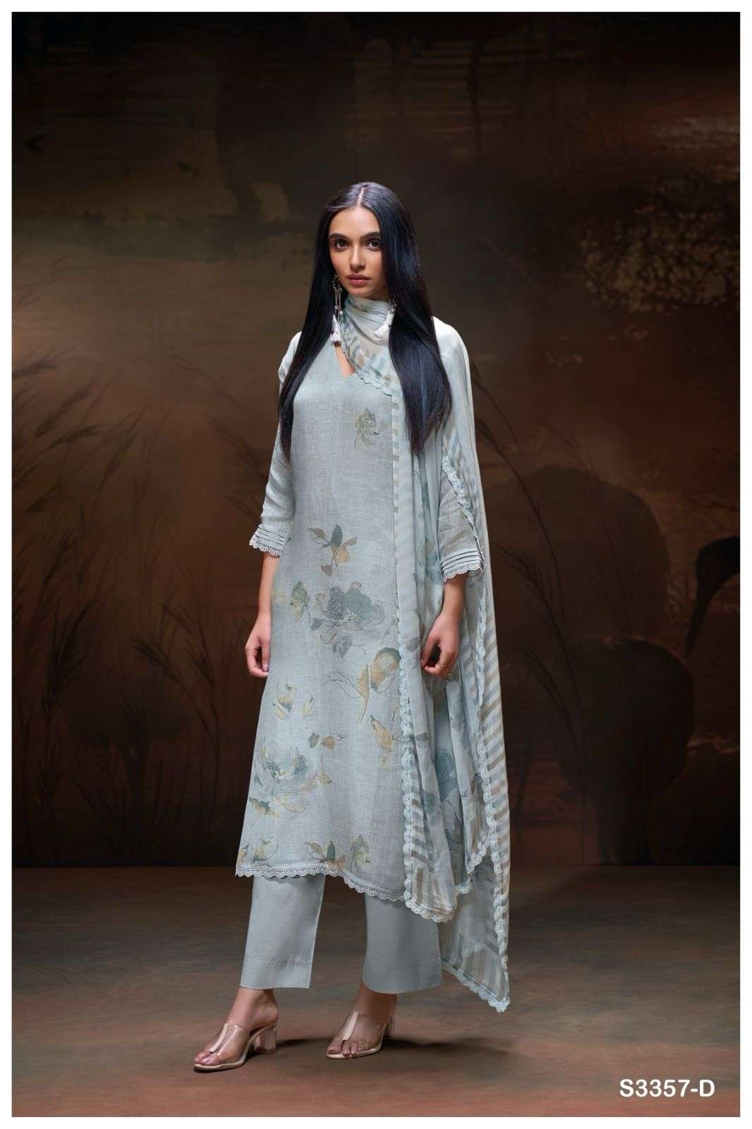 GANGA MICKI 3357 LINEN COTTON PRINTED WITH FANCY WORK SUIT