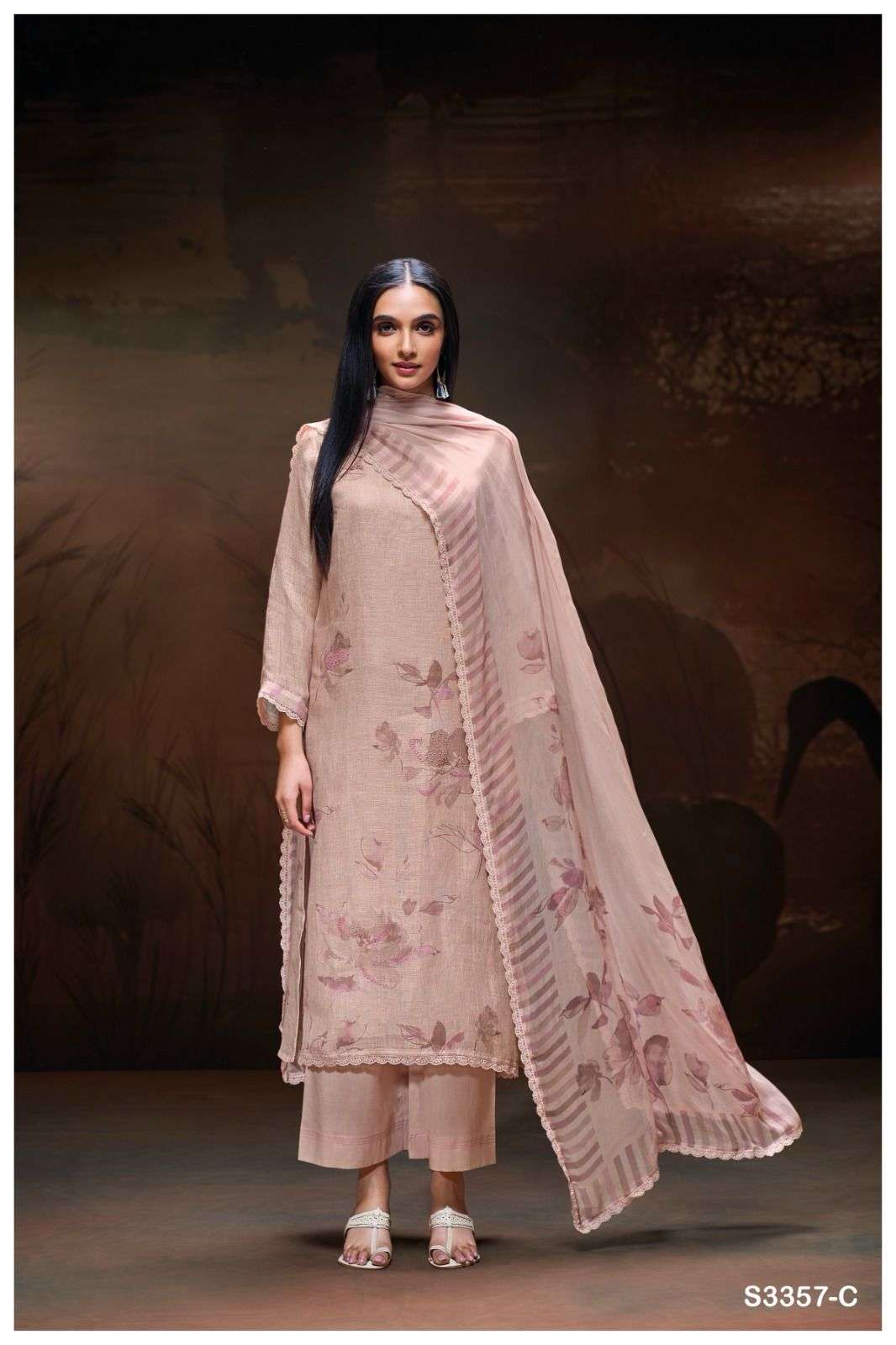 GANGA MICKI 3357 LINEN COTTON PRINTED WITH FANCY WORK SUIT
