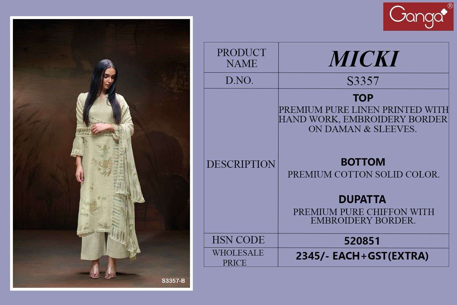 GANGA MICKI 3357 LINEN COTTON PRINTED WITH FANCY WORK SUIT