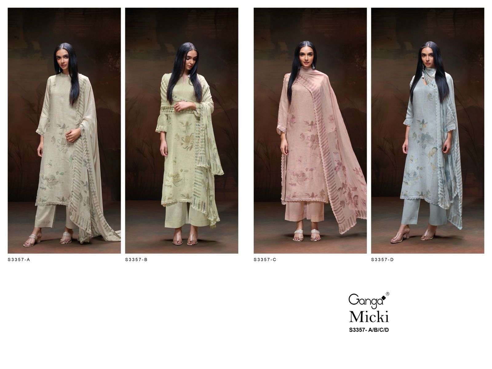 GANGA MICKI 3357 LINEN COTTON PRINTED WITH FANCY WORK SUIT