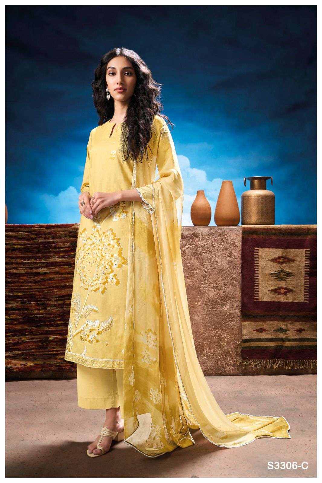 GANGA NATALIA 3306 COTTON PRINTED WITH FANCY WORKS SUIT