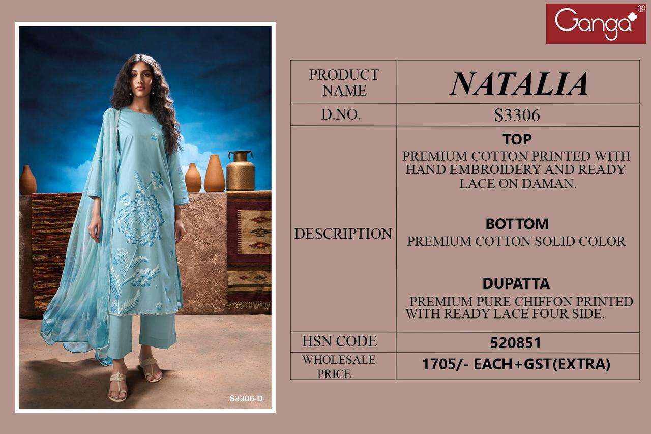 GANGA NATALIA 3306 COTTON PRINTED WITH FANCY WORKS SUIT