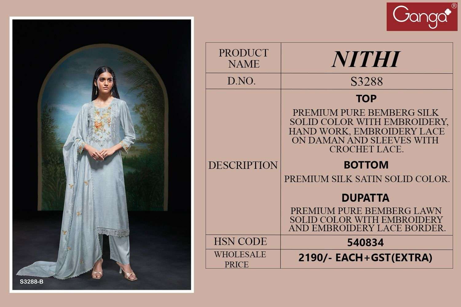 GANGA NITHI 3288 SILK WITH FANCY EMBROIDERY DESIGNER WORK SUIT