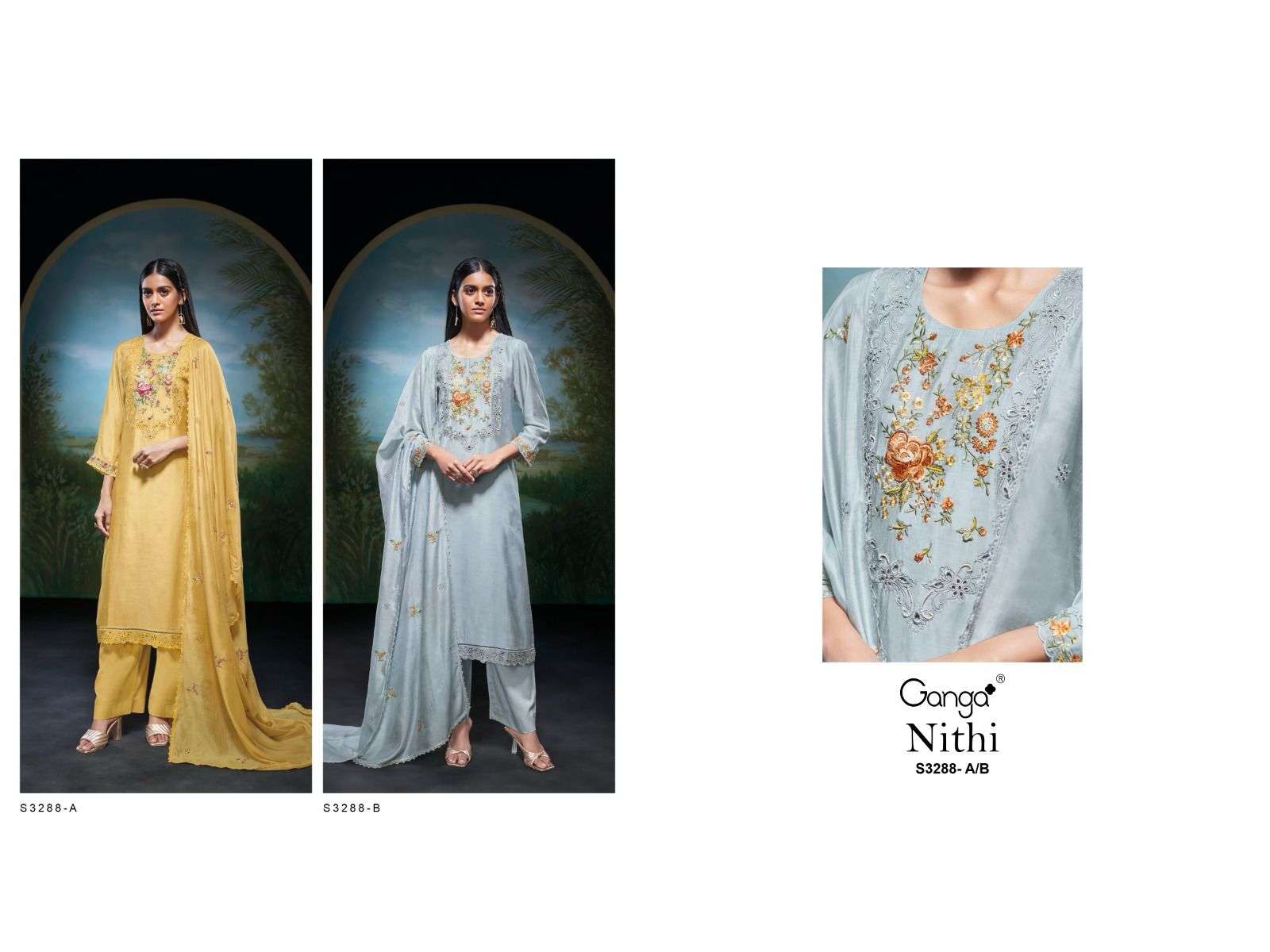 GANGA NITHI 3288 SILK WITH FANCY EMBROIDERY DESIGNER WORK SUIT