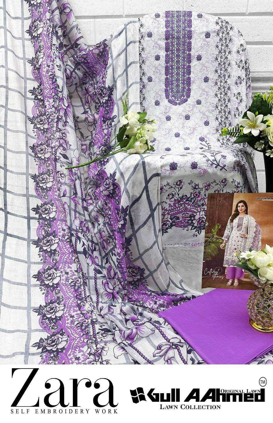 GULL AAHMED ZARA SELF EMBRODARY WORK COLLECTION LAWN COTTON SUIT