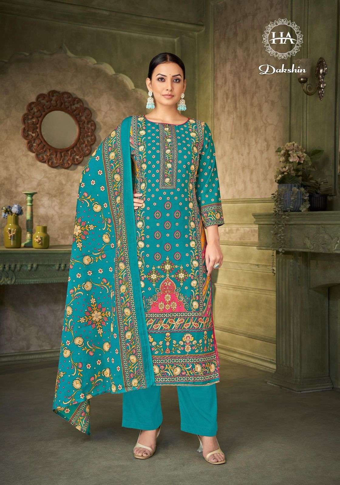 HARSHIT FASHION HUB DAKSHIN RAYON PRINT WITH FANCY HAND WORK SUIT