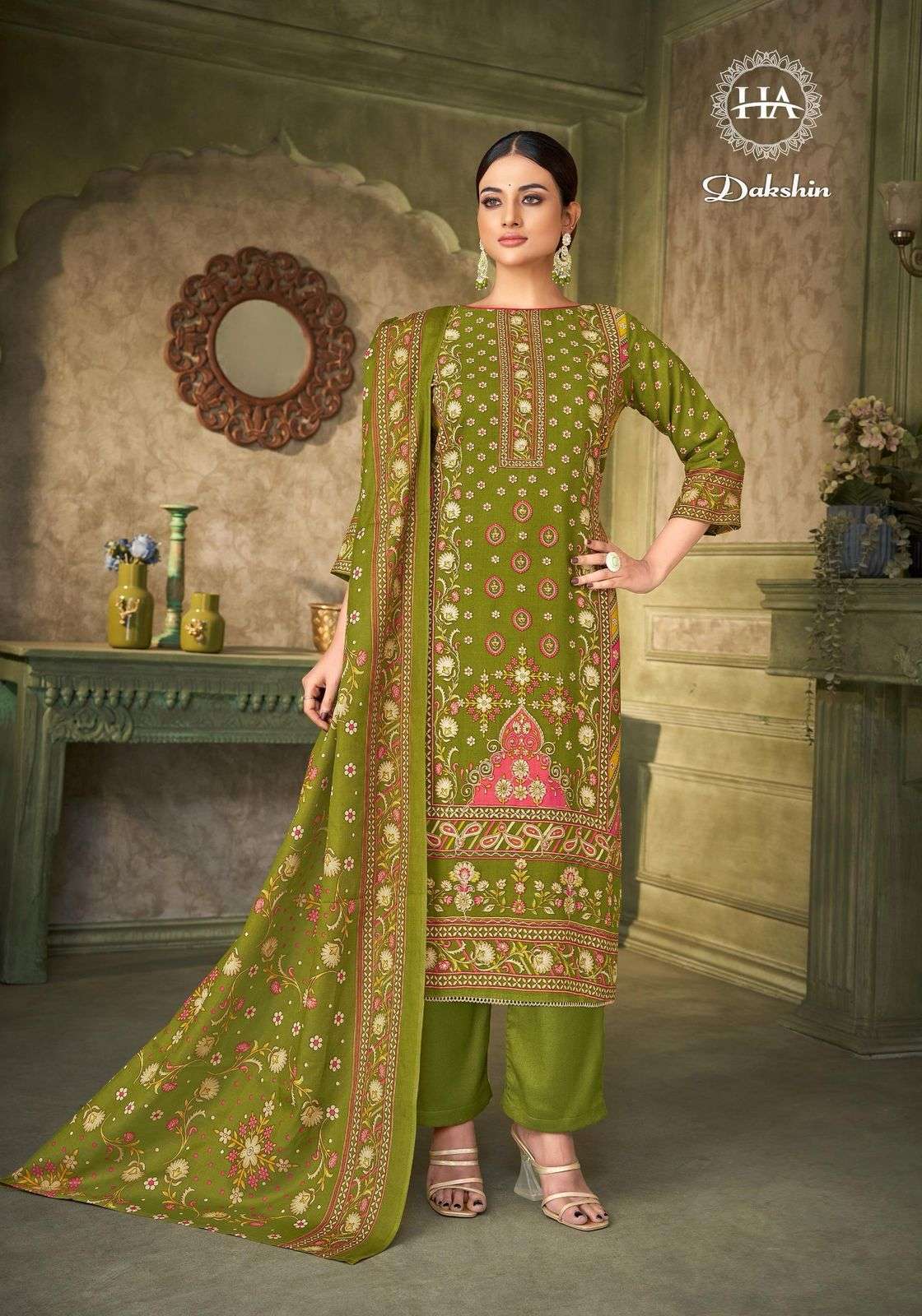 HARSHIT FASHION HUB DAKSHIN RAYON PRINT WITH FANCY HAND WORK SUIT