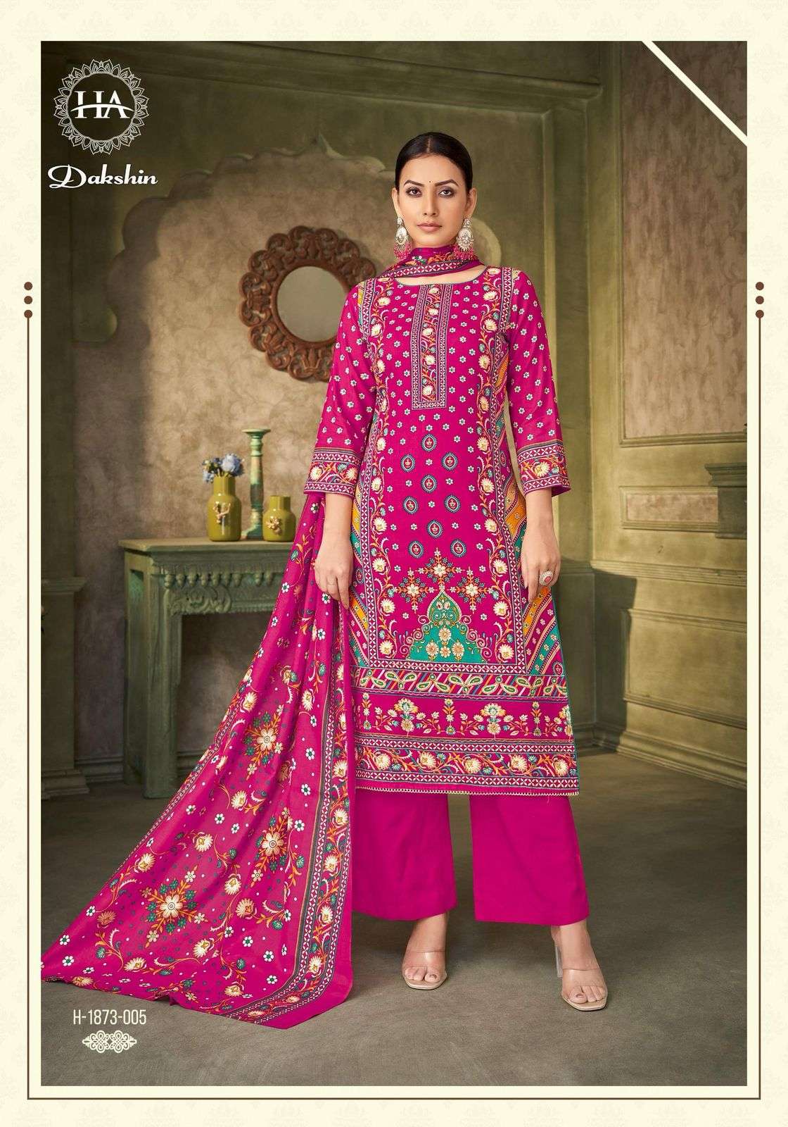 HARSHIT FASHION HUB DAKSHIN RAYON PRINT WITH FANCY HAND WORK SUIT