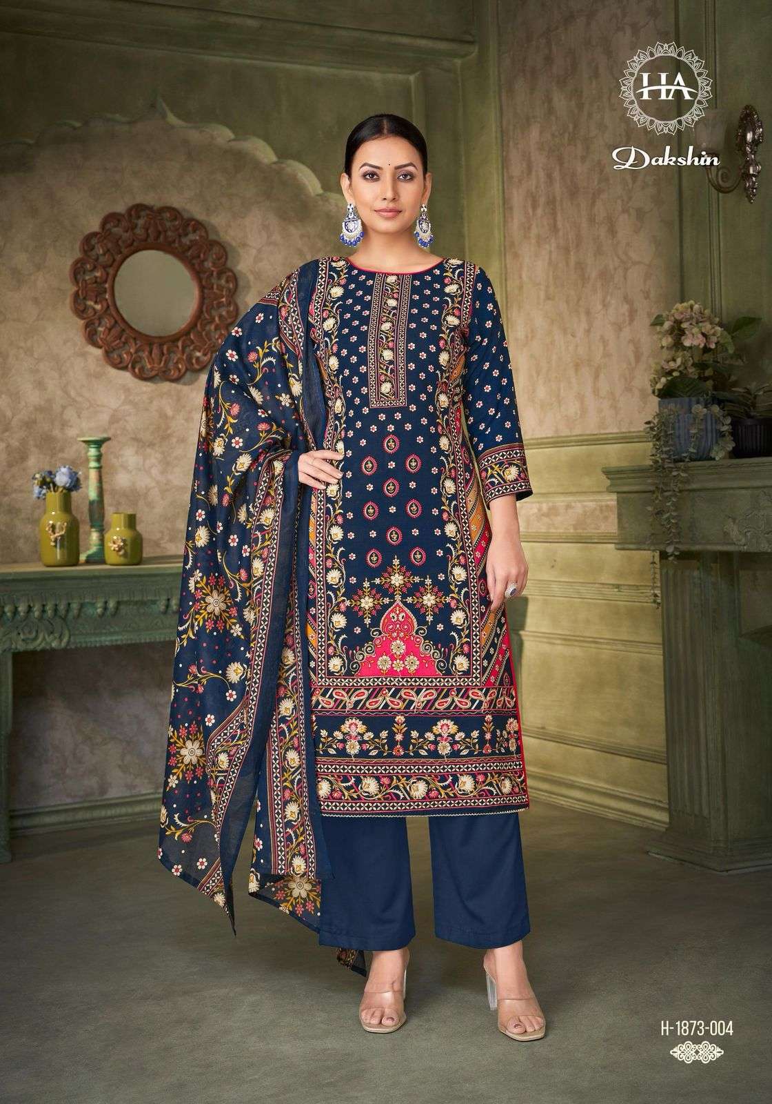 HARSHIT FASHION HUB DAKSHIN RAYON PRINT WITH FANCY HAND WORK SUIT