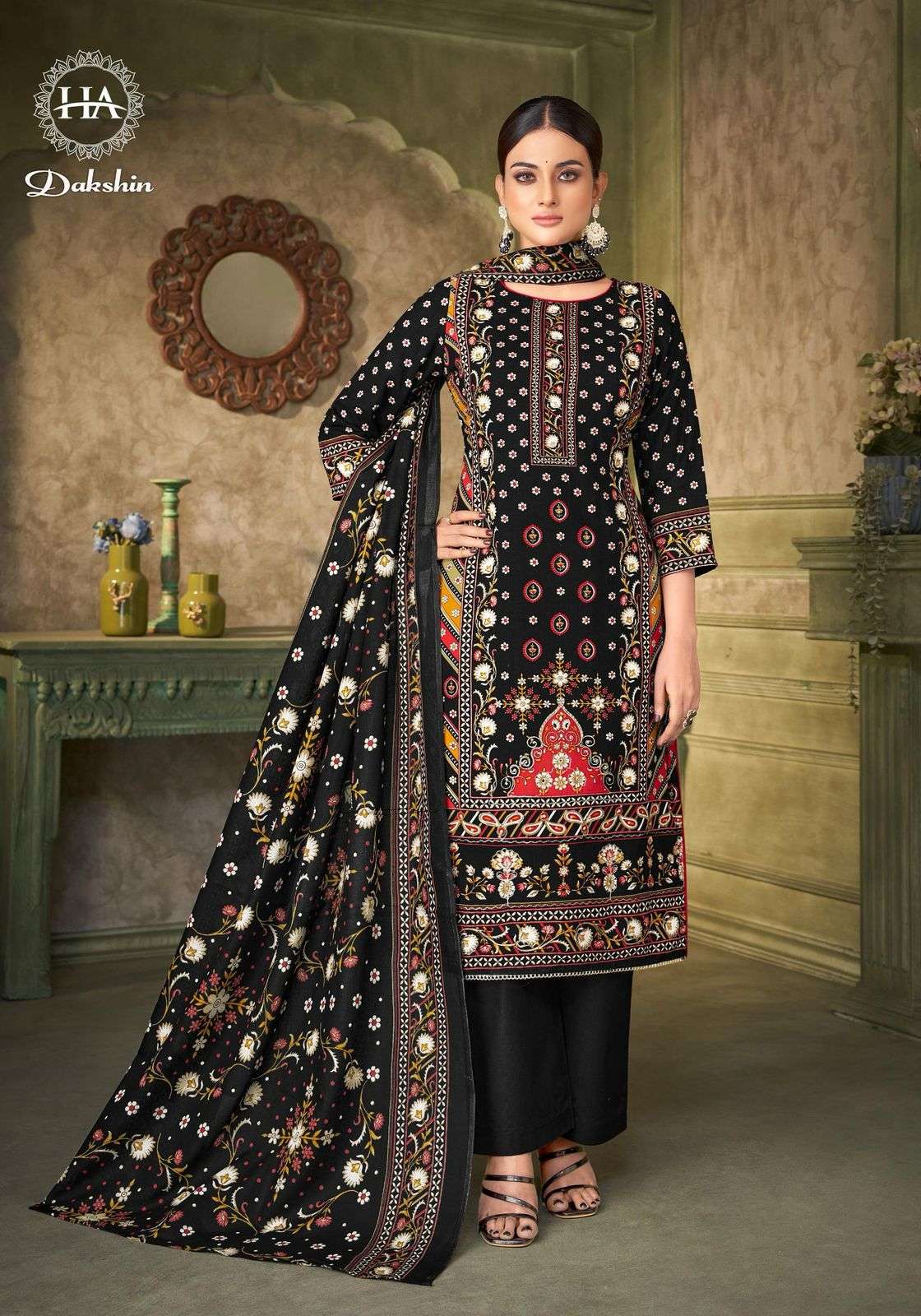HARSHIT FASHION HUB DAKSHIN RAYON PRINT WITH FANCY HAND WORK SUIT