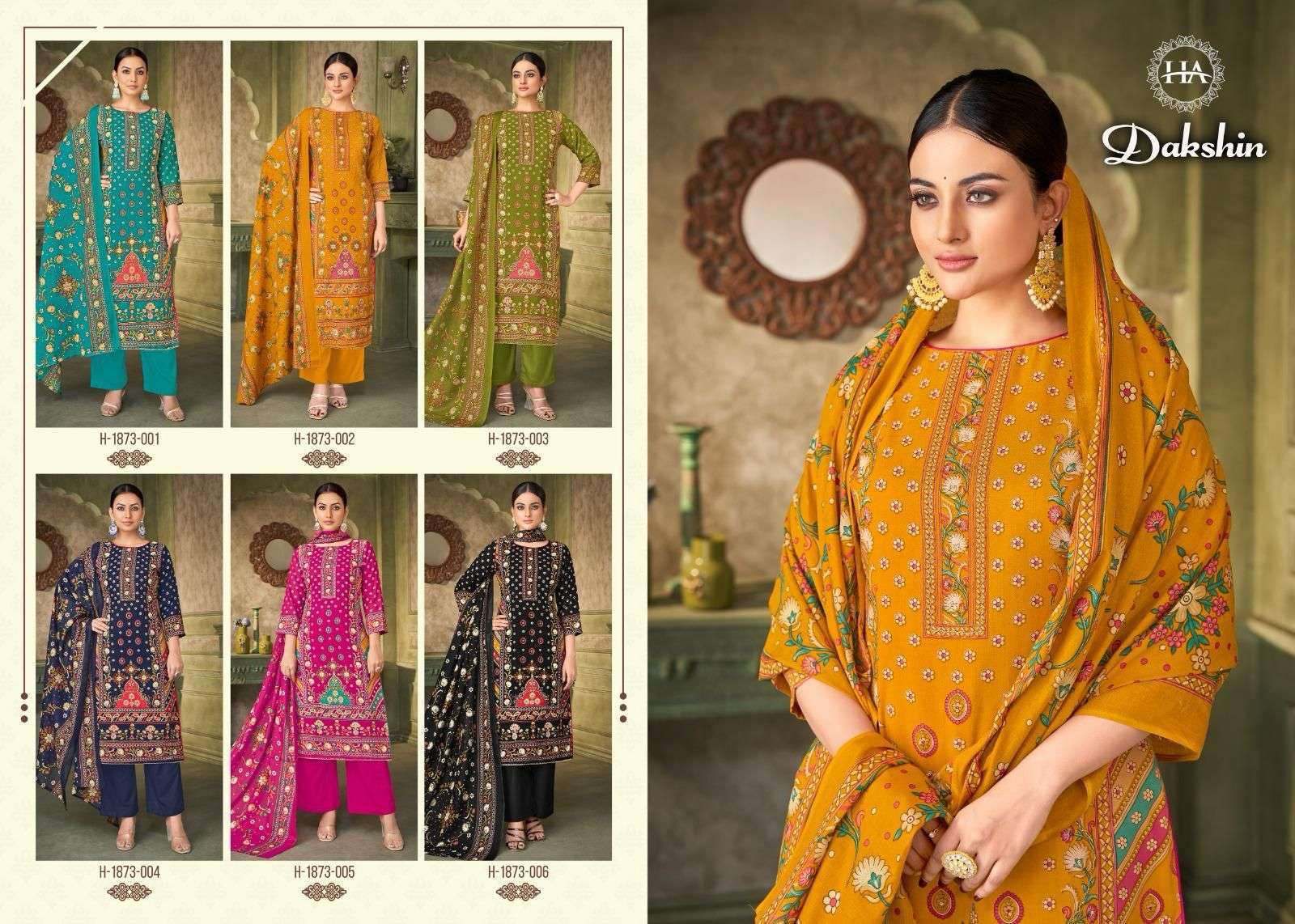HARSHIT FASHION HUB DAKSHIN RAYON PRINT WITH FANCY HAND WORK SUIT