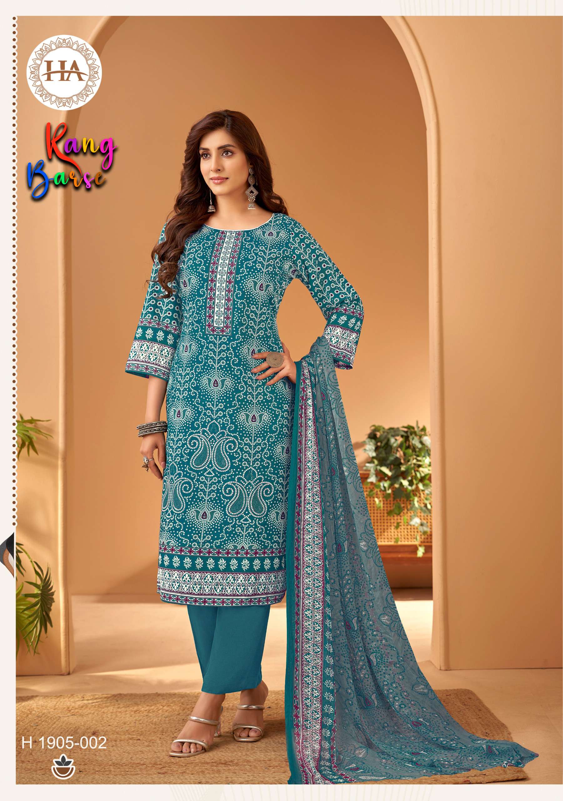 HARSHIT FASHION HUB RANG BARSE COTTON BANDHANI PRINT WITH WORK SUIT