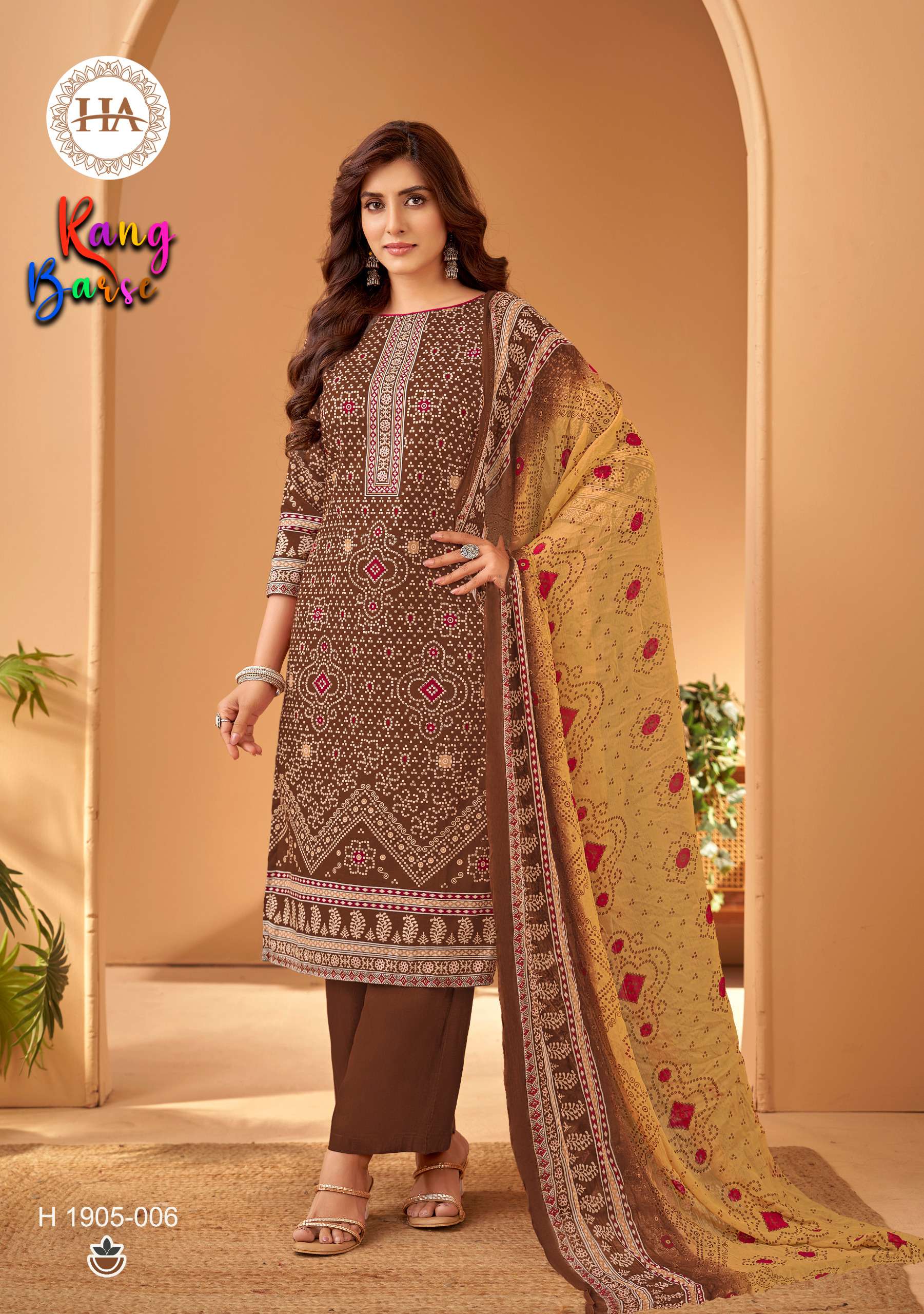 HARSHIT FASHION HUB RANG BARSE COTTON BANDHANI PRINT WITH WORK SUIT