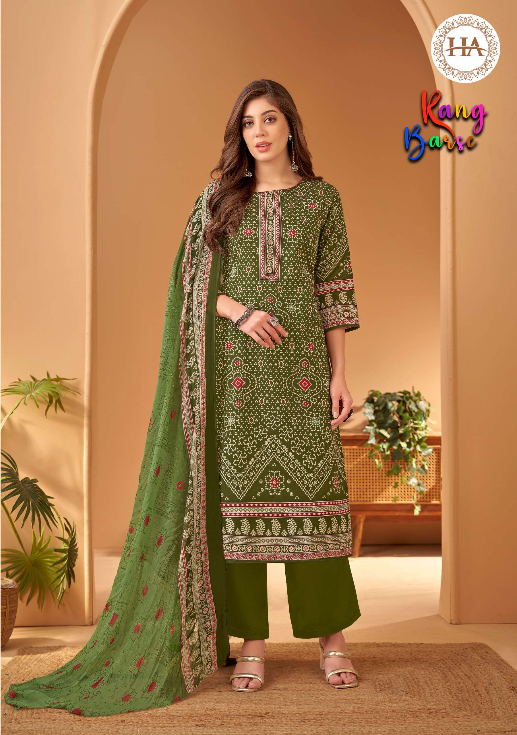 HARSHIT FASHION HUB RANG BARSE COTTON BANDHANI PRINT WITH WORK SUIT